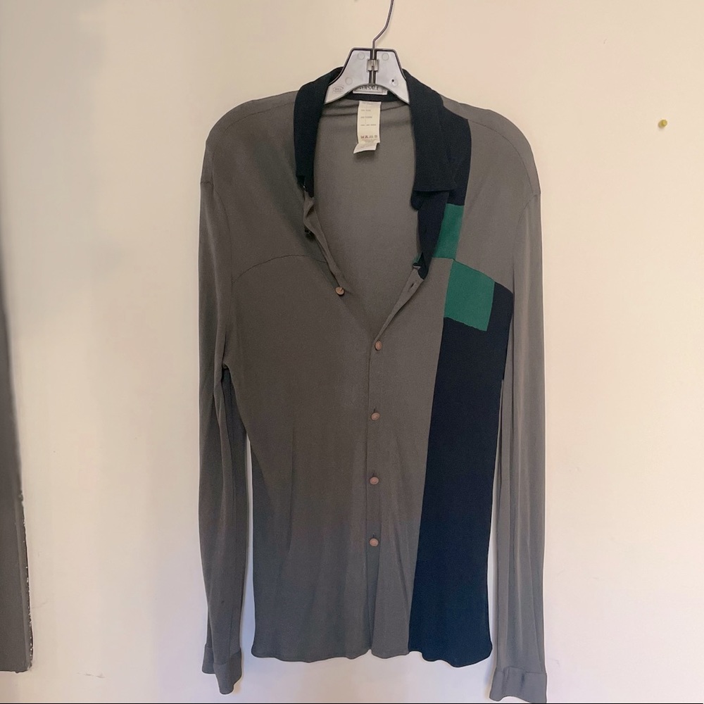 GIANNI VERSACE] By Gianni Versace Navy Grey Green Jersey Button down shirt